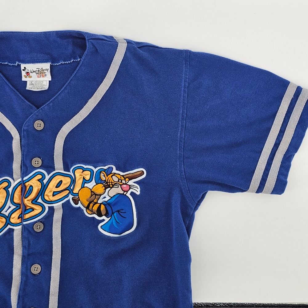 Disney Tigger Baseball Jersey Kids XL 14/16 Blue Short Sleeve Button Up Vintage